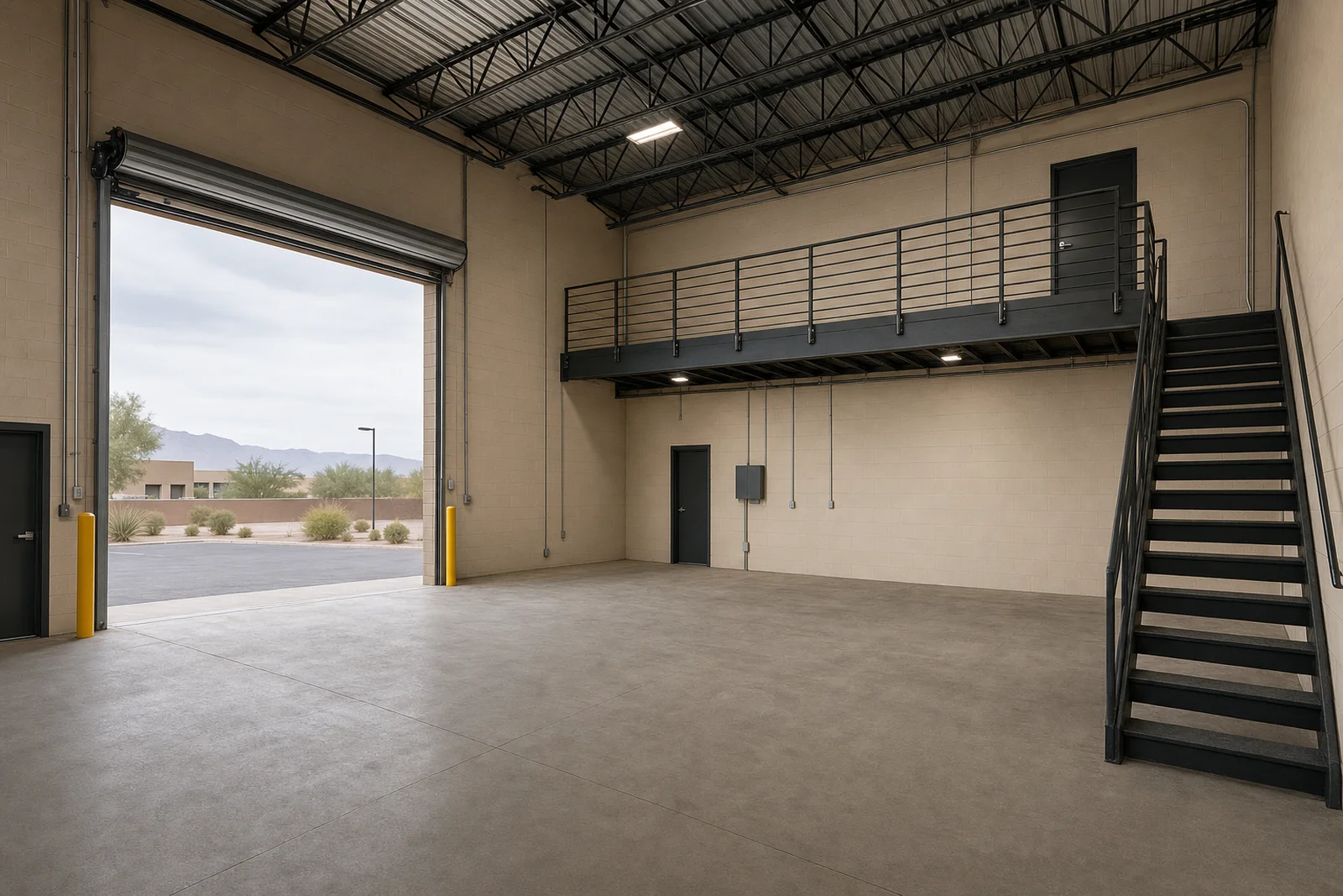 Interior of an industrial flex warehouse bay with tall clear height and overhead door