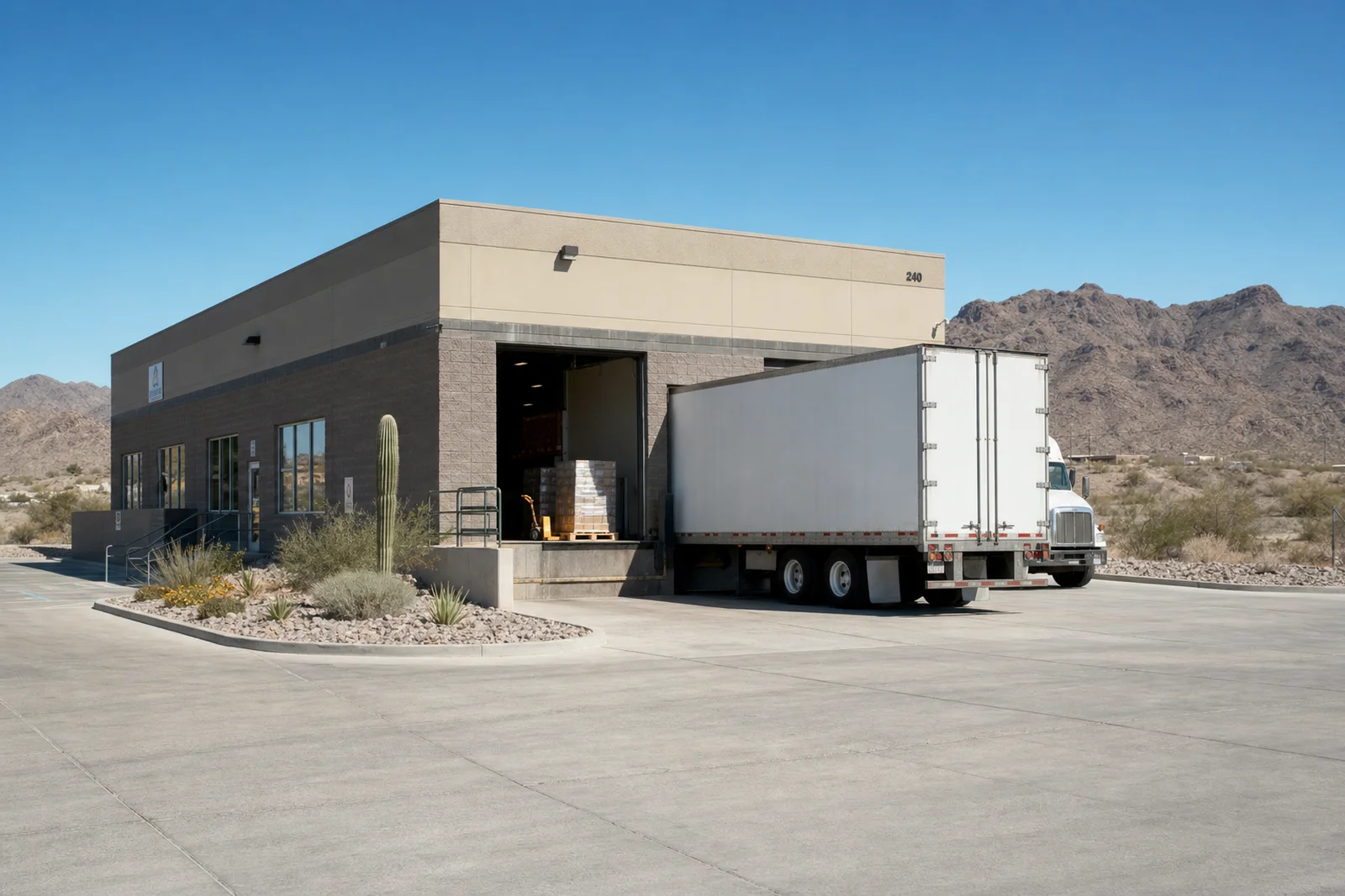 Desert warehouse building with a delivery truck at the loading dock, representing regional logistics activity near Lake Havasu City