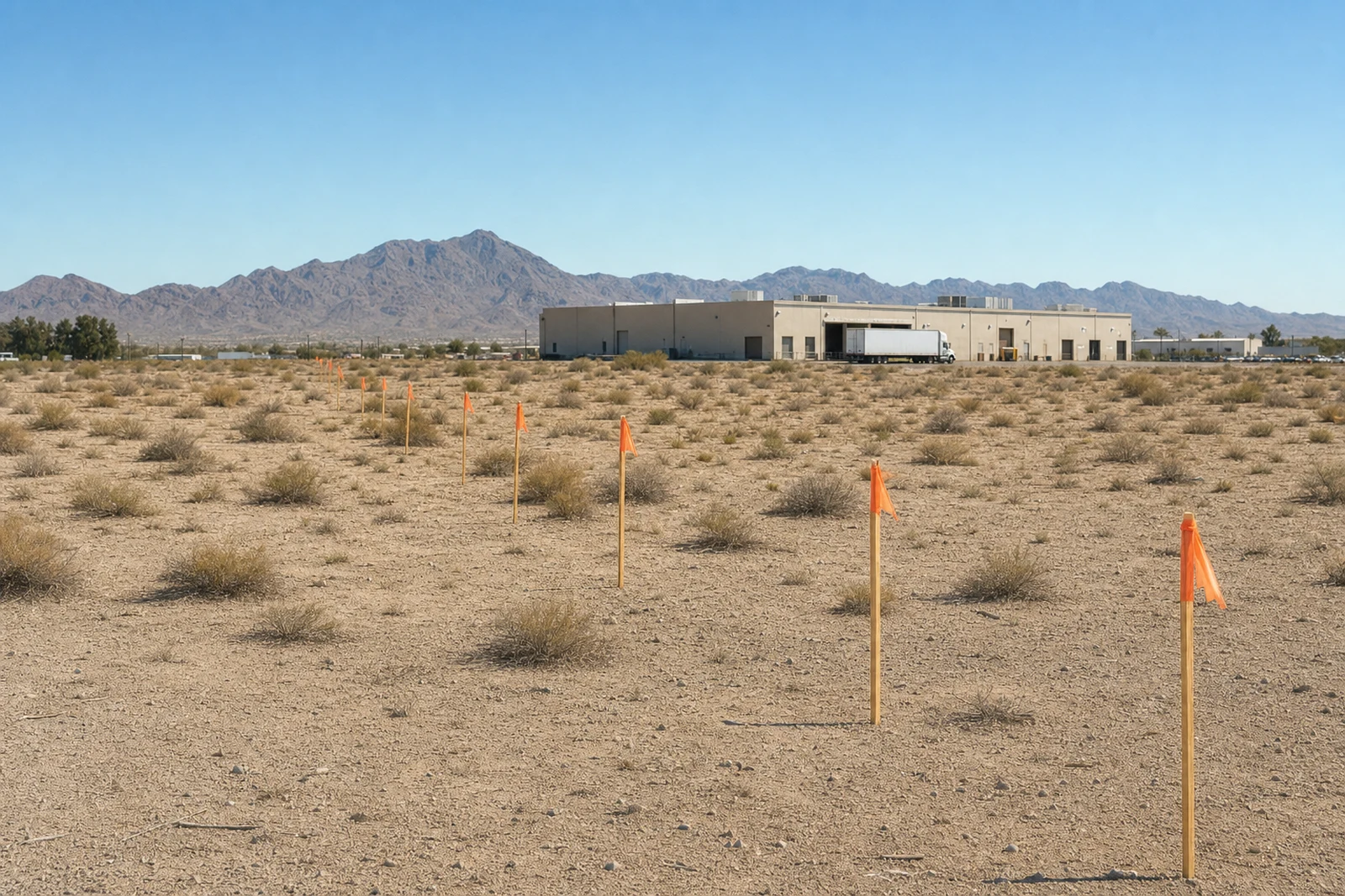 Vacant desert lot marked with survey stakes and flags near a light-industrial warehouse building, with desert mountains in the background near Lake Havasu City, AZ