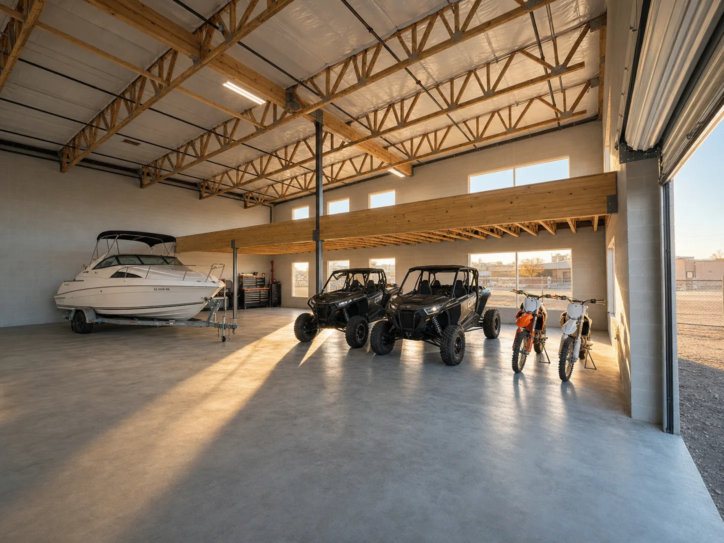 Warehouse bay with a boat, UTV, and dirt bikes stored inside, finished with a lounge and TV