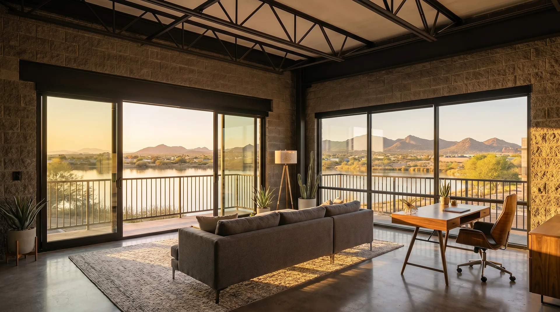 Mezzanine level office loft with a private balcony overlooking the lake at sunset