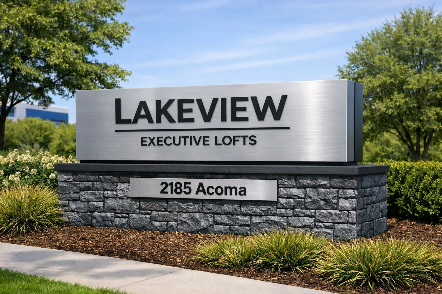 Lakeview Executive Lofts monument sign at 2185 Acoma