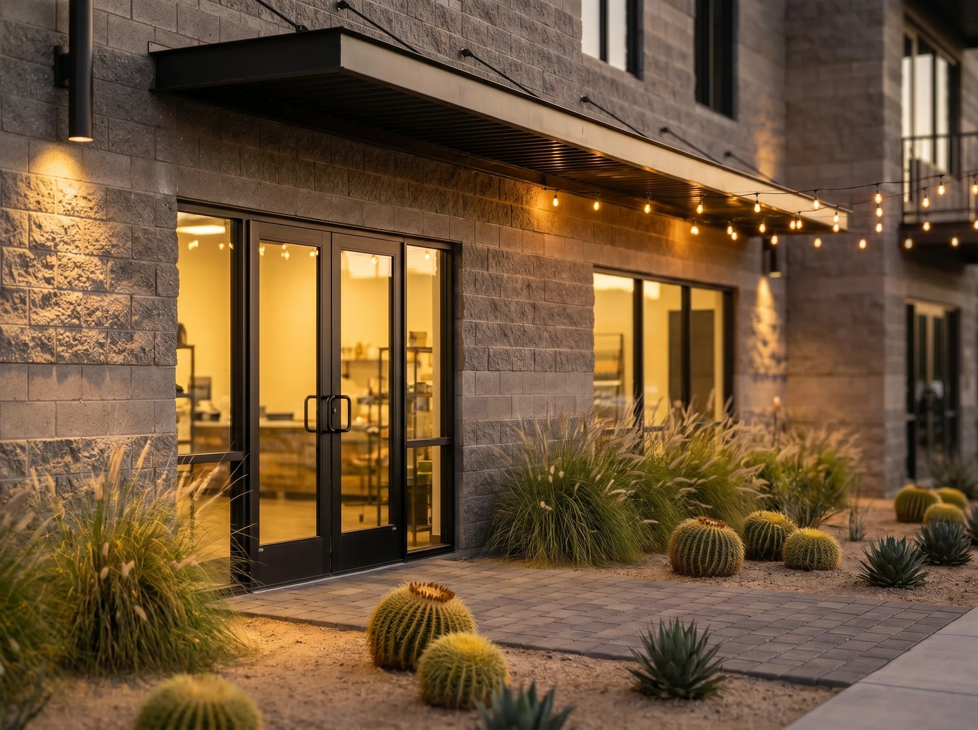 Ground-level storefront entry rendering with desert landscaping
